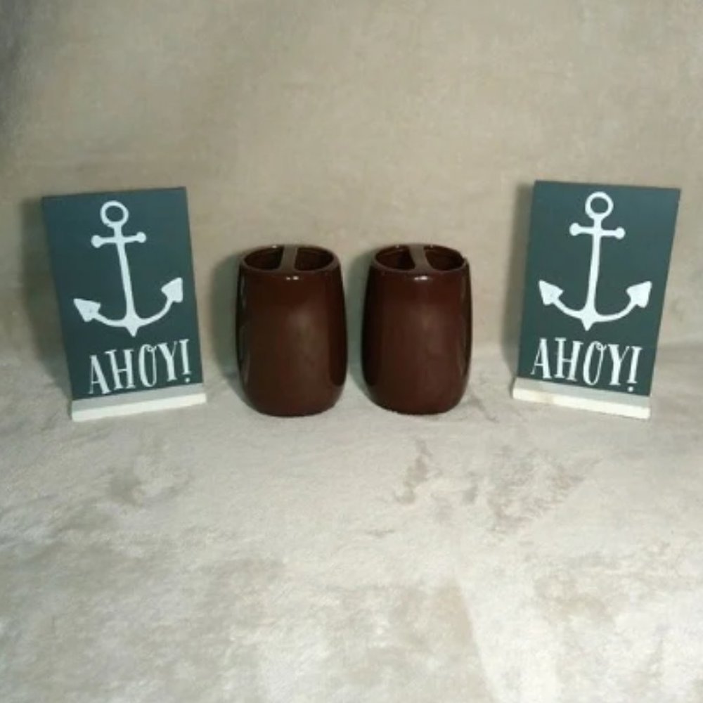Bathroom Decor - 2 Brown Toothbrush Holders - Ahoy Anchor Standing Art